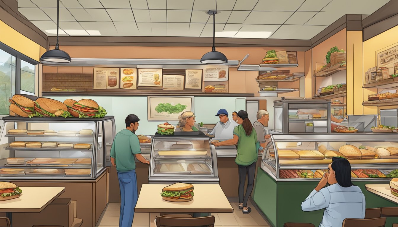 A bustling sandwich shop in Texas, with a variety of popular sandwiches on display and customers enjoying their meals