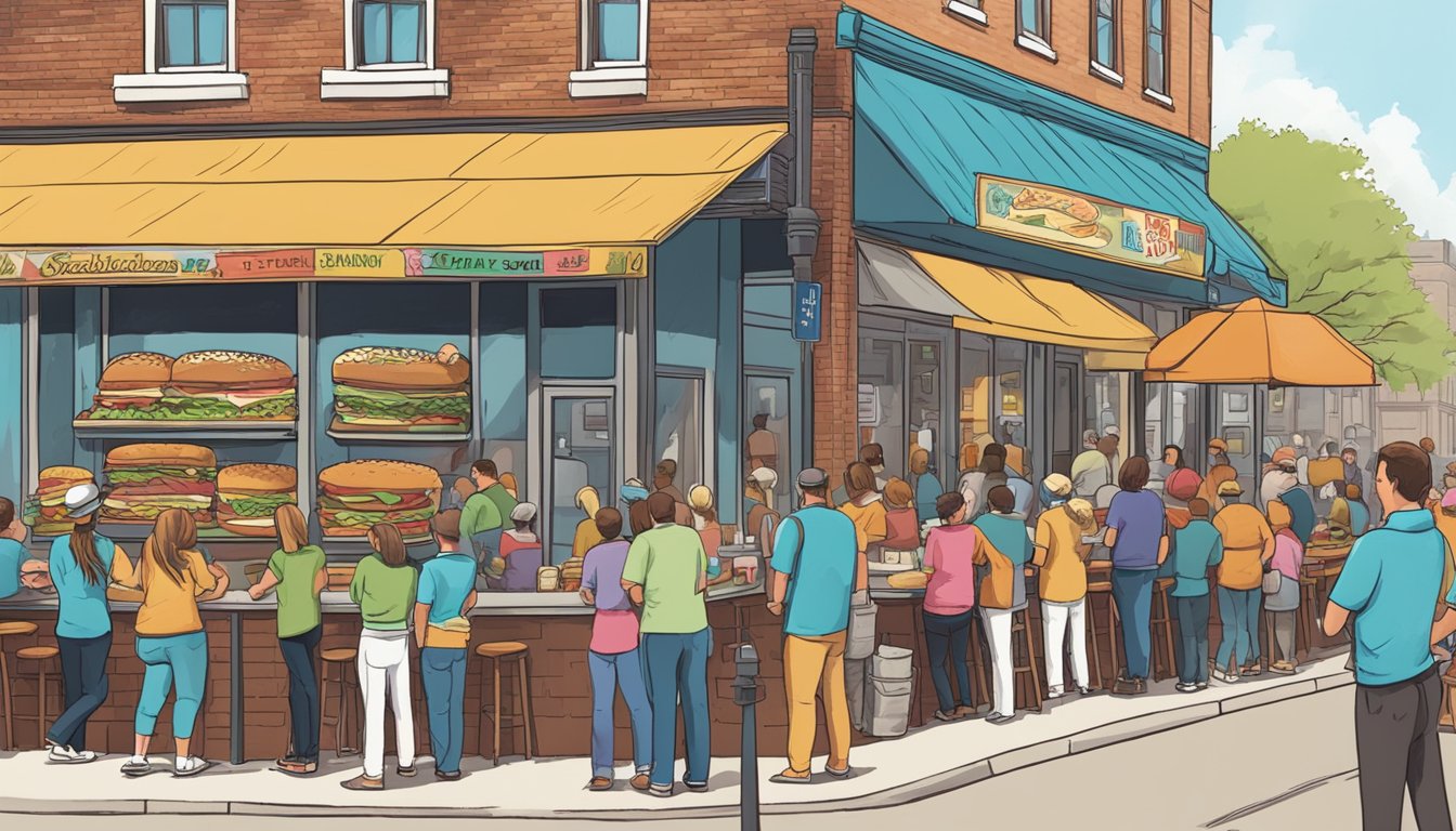 A bustling Texas street filled with colorful sandwich shops, each with unique signage and outdoor seating, as hungry customers line up for the perfect sandwich