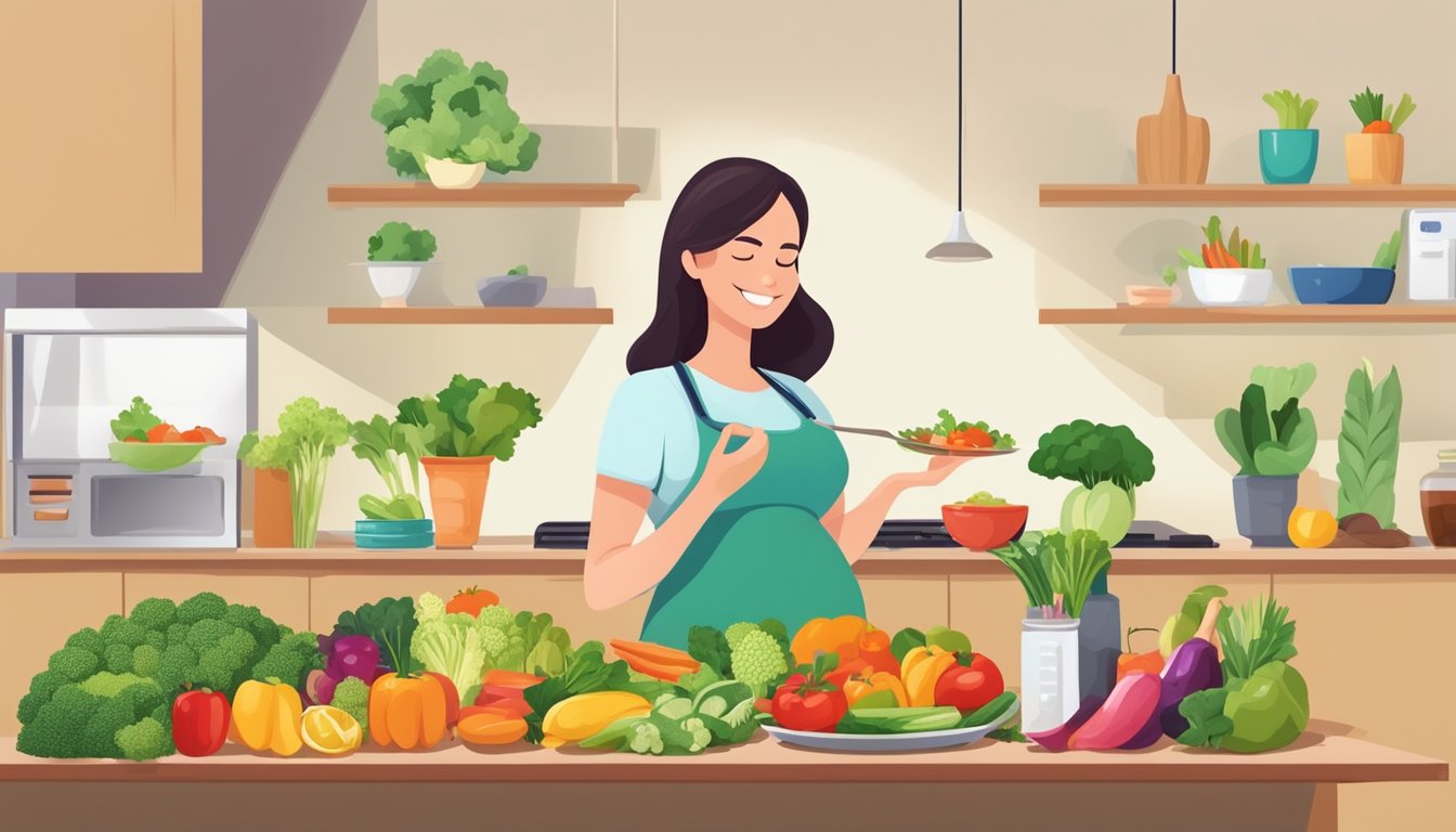 A pregnant woman happily preparing and eating a variety of colorful and nutrient-rich vegetarian foods, while a doctor or nutritionist confidently approves