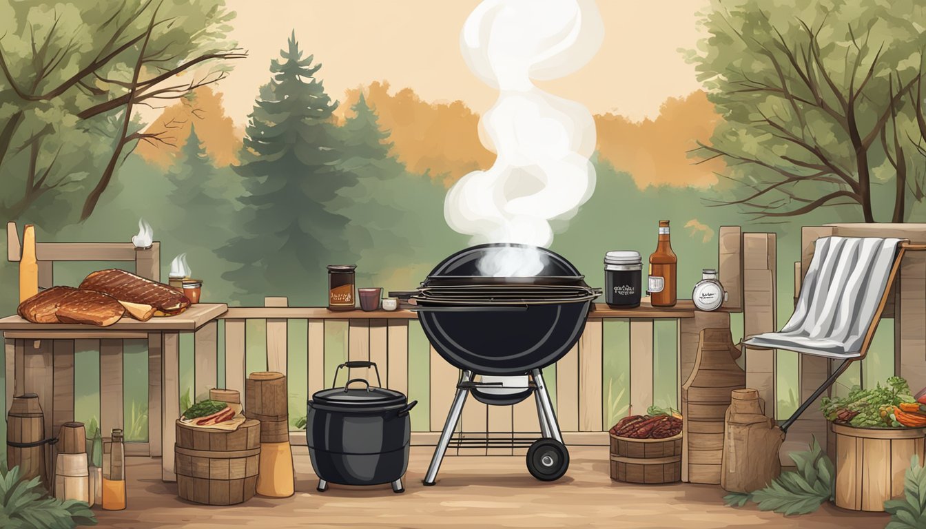 A rustic outdoor BBQ setting with a smoker, grill, and various ingredients like brisket, coffee, and barbecue sauce