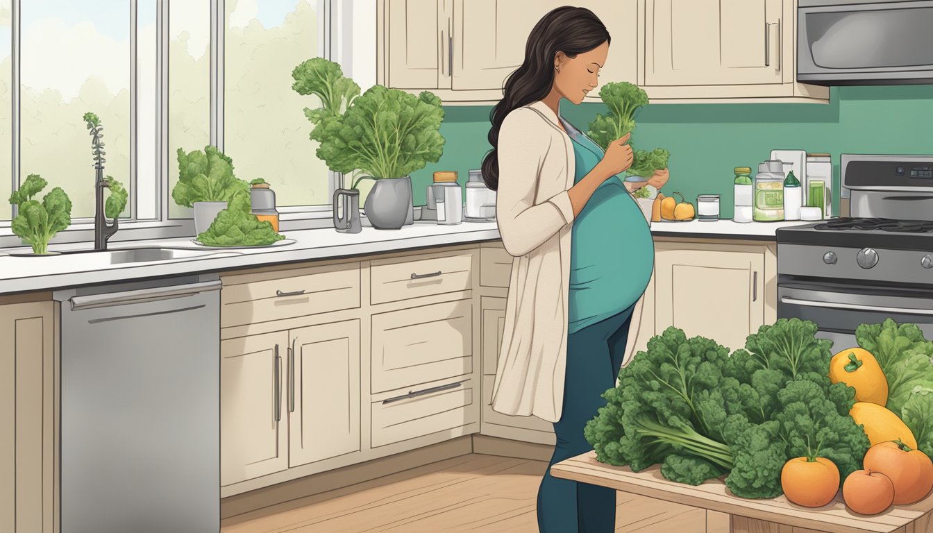 A pregnant woman standing in a kitchen, holding a bunch of raw kale and looking at a nutrition label