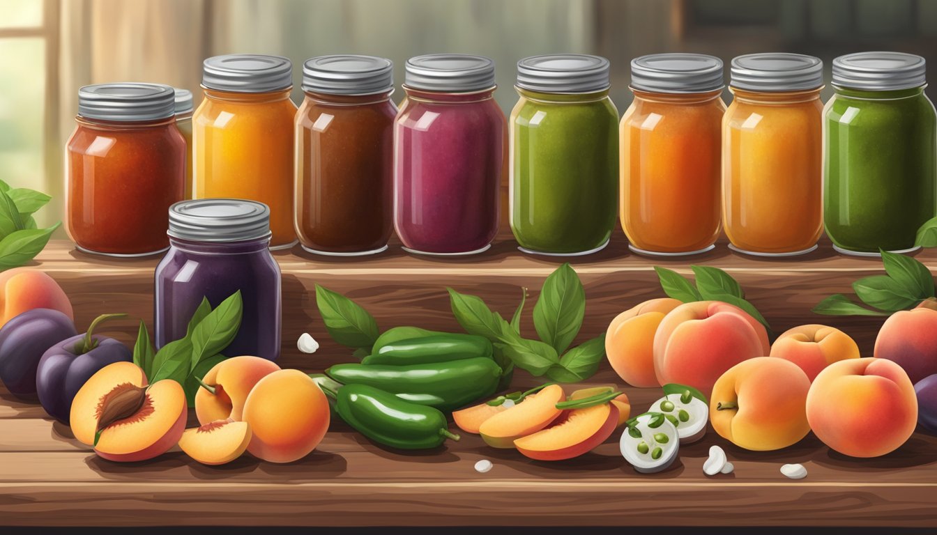 A rustic wooden table with a variety of jars filled with colorful homemade sauces, surrounded by fresh peaches and jalapeños