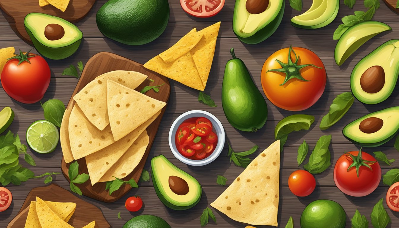 A colorful spread of Tex Mex ingredients, including avocados, tomatoes, jalapeños, and tortilla chips, arranged on a rustic wooden table