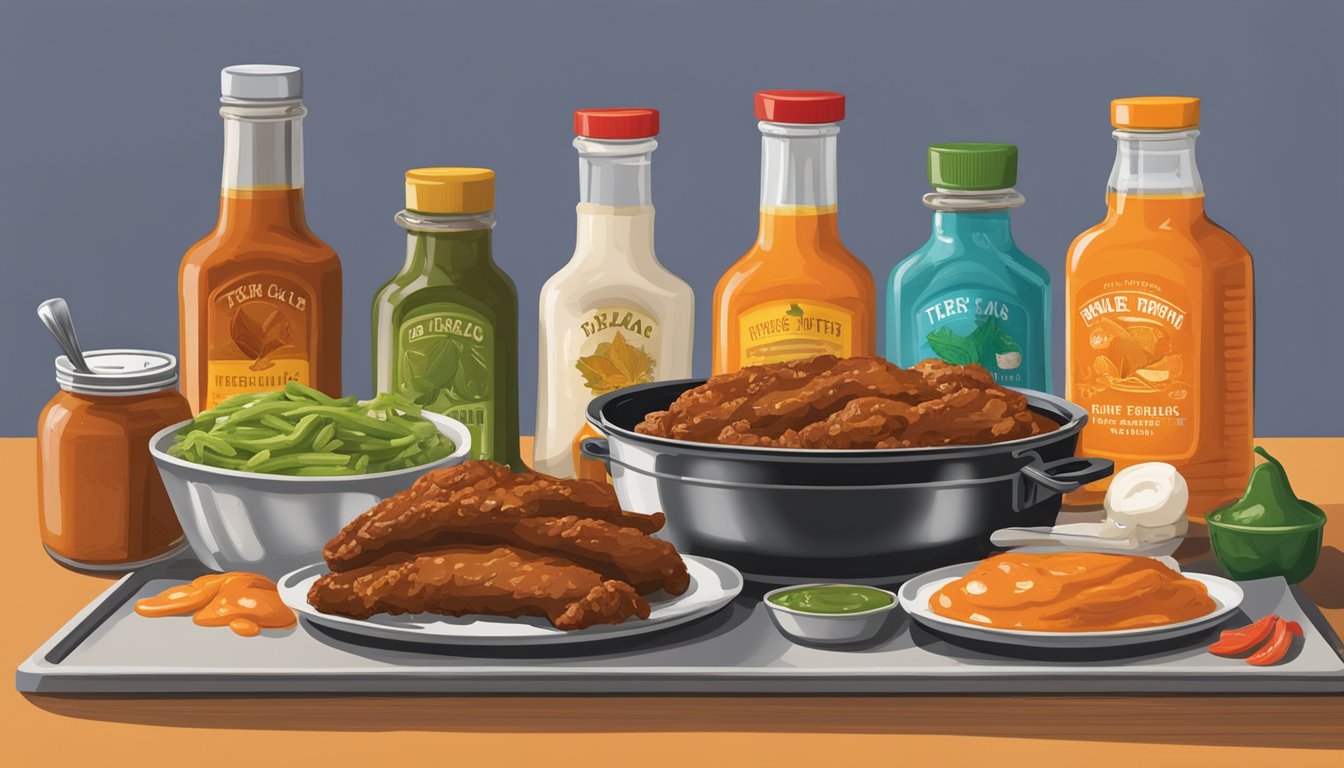 A table spread with various bottles of Texas-inspired sauces, including a vibrant Hatch Chile Buffalo Sauce, set against a backdrop of a barbecue grill and outdoor cooking utensils