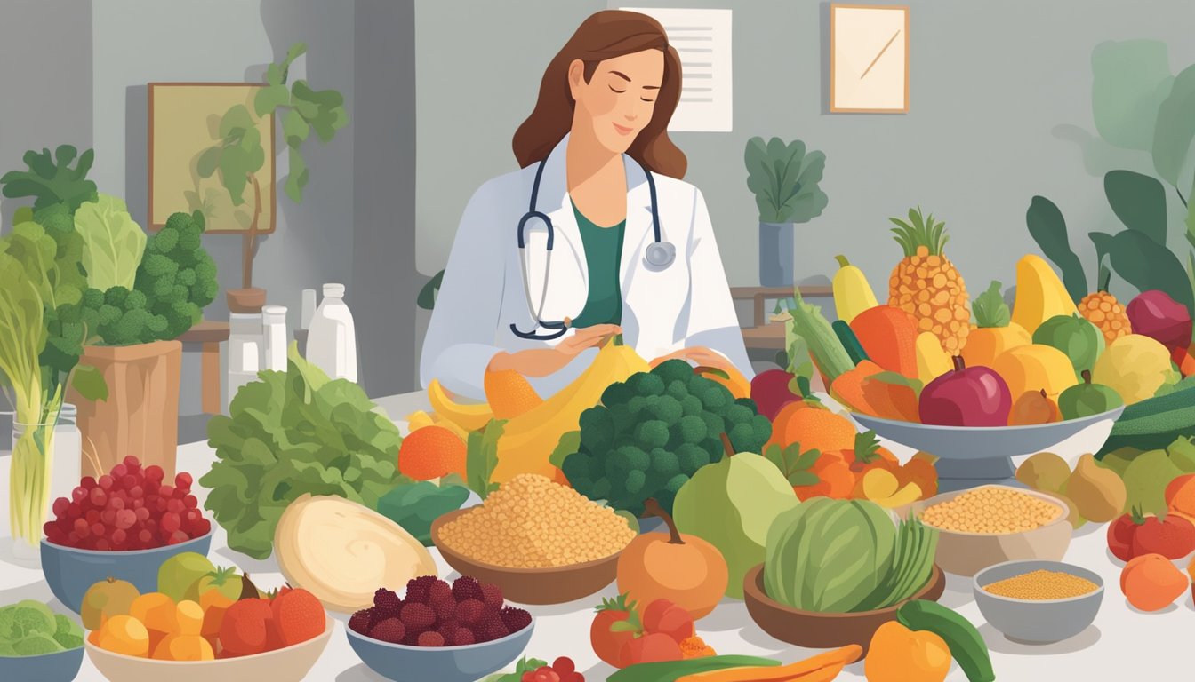 A pregnant woman sitting at a table filled with colorful fruits, vegetables, and whole grains. A doctor or nutritionist is pointing to a list of anti-inflammatory foods