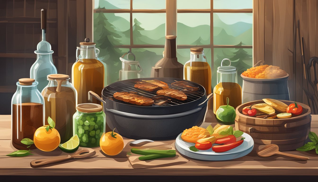 A rustic wooden table with various bottles and jars of ingredients, surrounded by grilling utensils and a smoky BBQ pit in the background