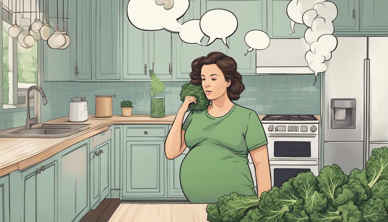 A pregnant woman standing in a kitchen, holding a bunch of raw kale while looking concerned. A thought bubble with question marks hovers above her head