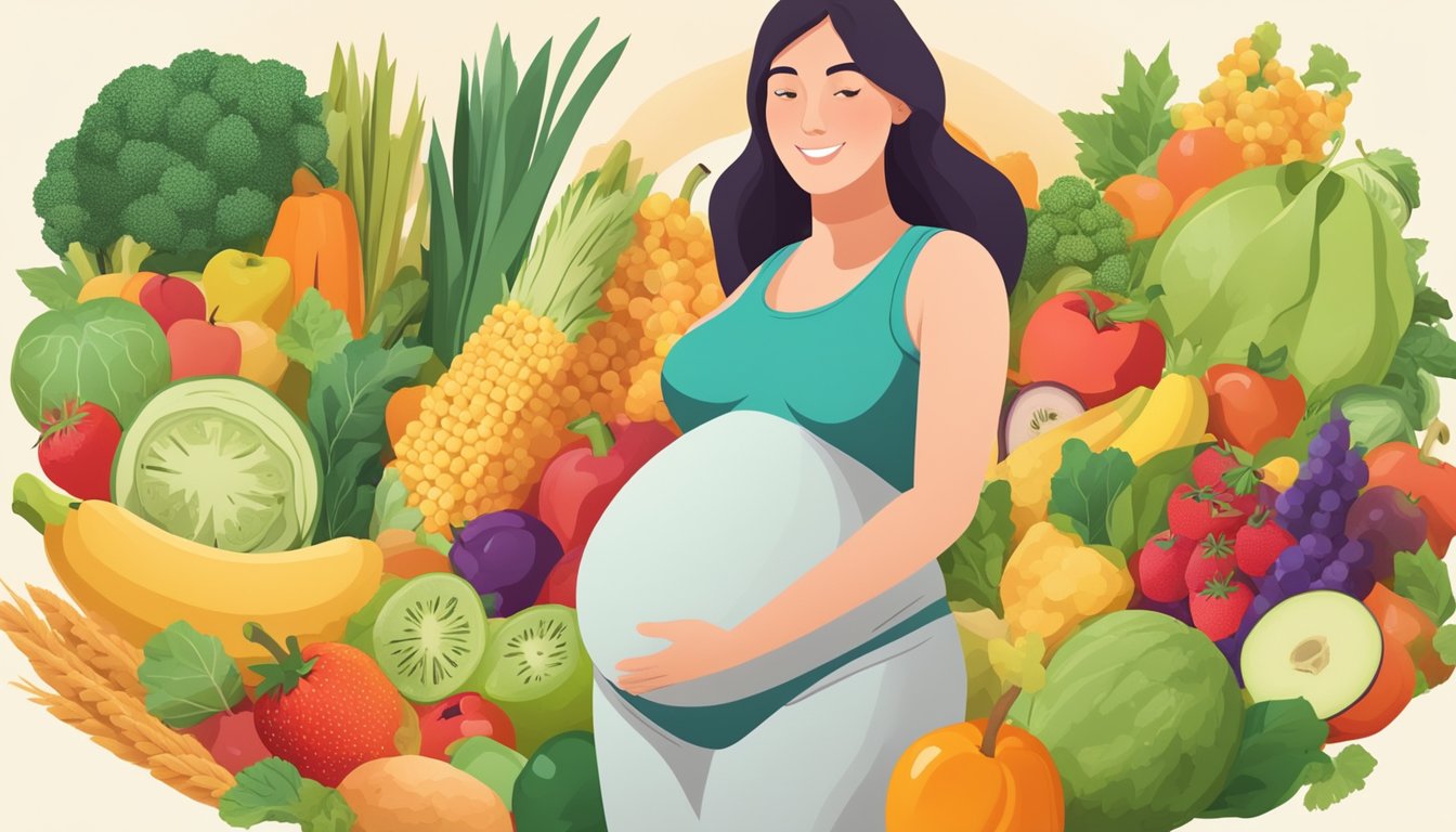 A pregnant woman surrounded by colorful fruits, vegetables, and whole grains, while avoiding processed and high-sugar foods