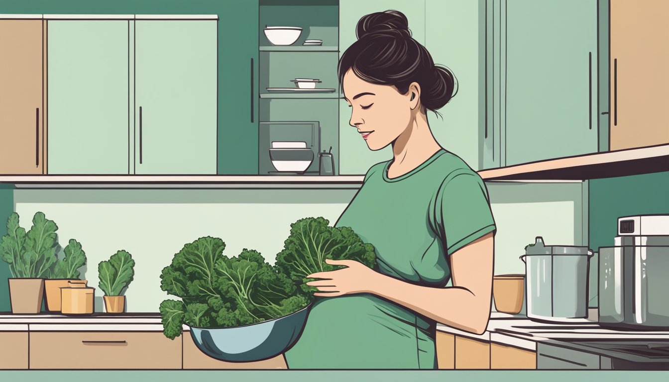 A pregnant woman standing in a kitchen, holding a bunch of fresh kale and looking at it thoughtfully. A bowl of washed kale sits on the counter