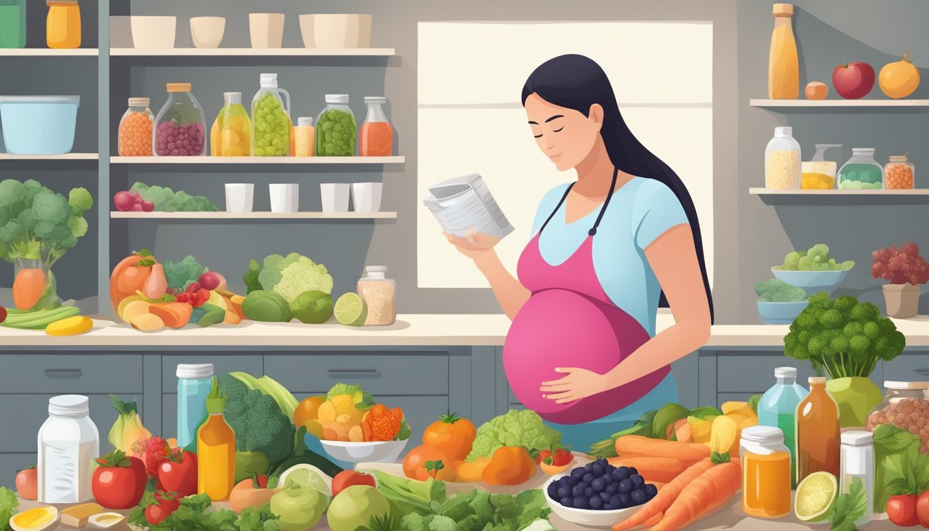 A pregnant woman surrounded by a variety of alkaline and acidic foods, with a doctor advising her on the safety of following the diet during pregnancy