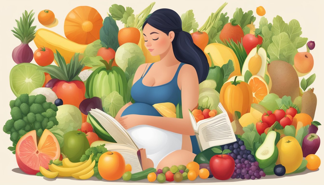 A pregnant woman surrounded by a variety of colorful fruits, vegetables, and healthy foods, with a book open to a page about the anti-inflammatory diet