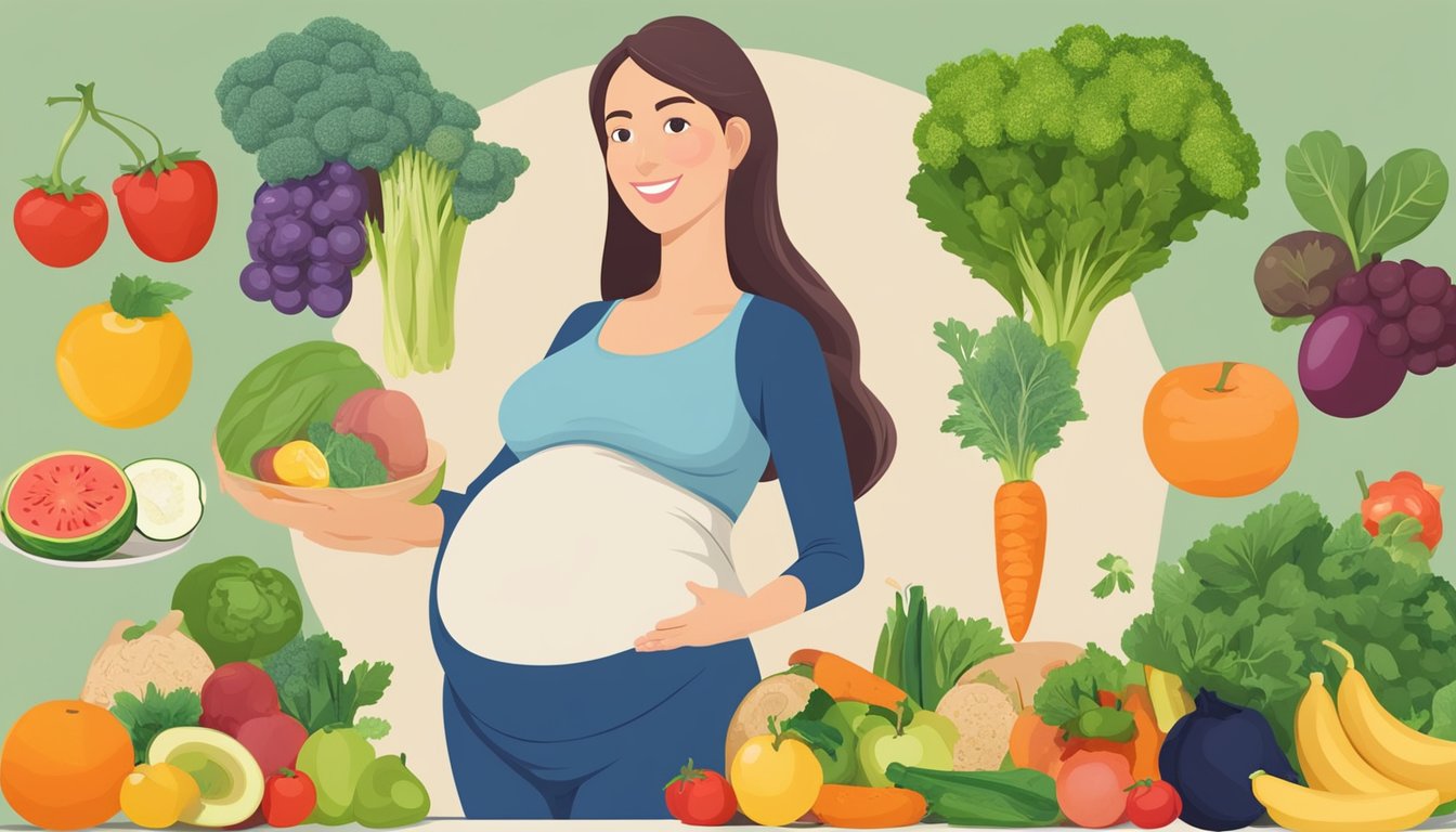 A pregnant woman holding a variety of fruits and vegetables, surrounded by a balanced meal and prenatal vitamins on a table