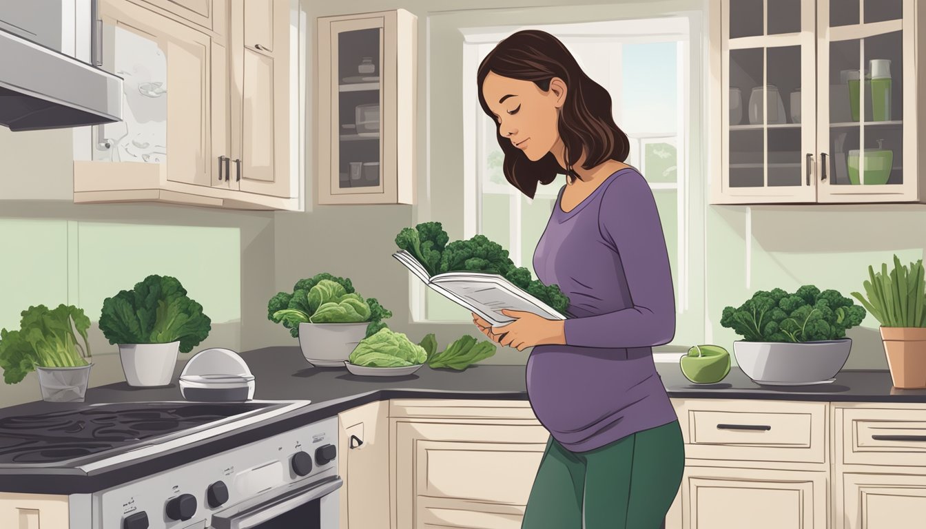 A pregnant woman standing in a kitchen, holding a bunch of fresh kale and looking uncertain while reading a pregnancy nutrition book