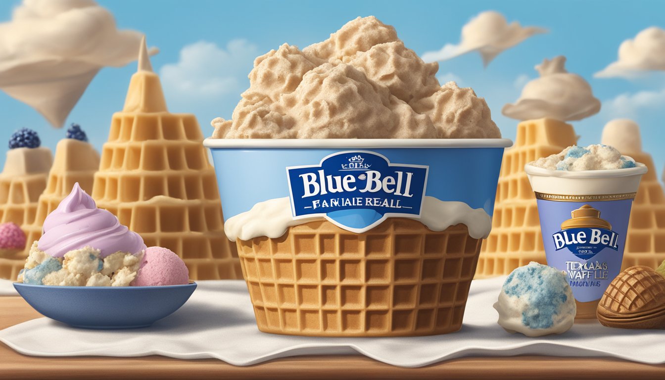 A scoop of Blue Bell Ice Cream sits atop a waffle cone, surrounded by iconic Texas food brands