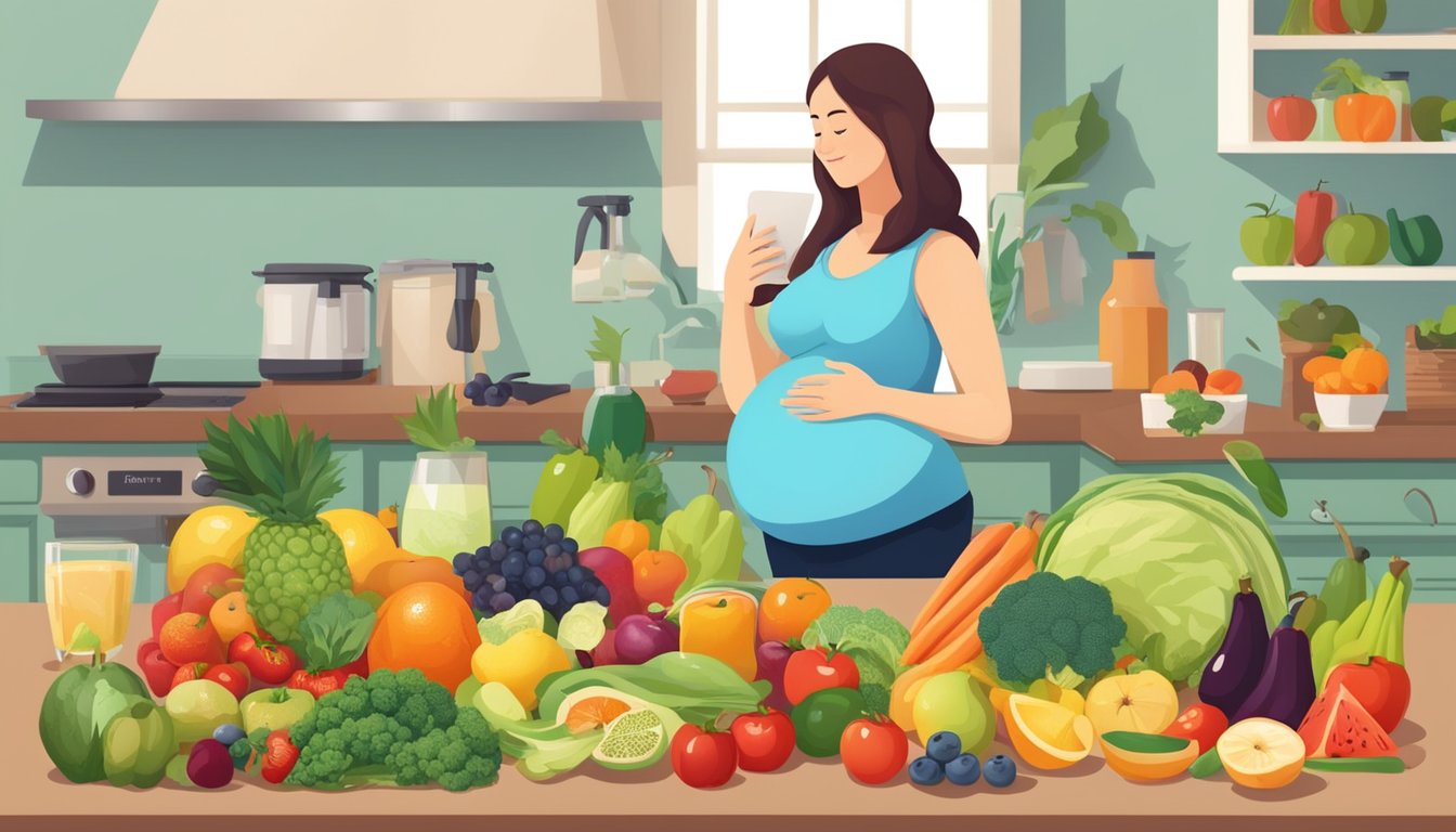 A pregnant woman researching the blood type diet, surrounded by fruits, vegetables, and a variety of healthy foods