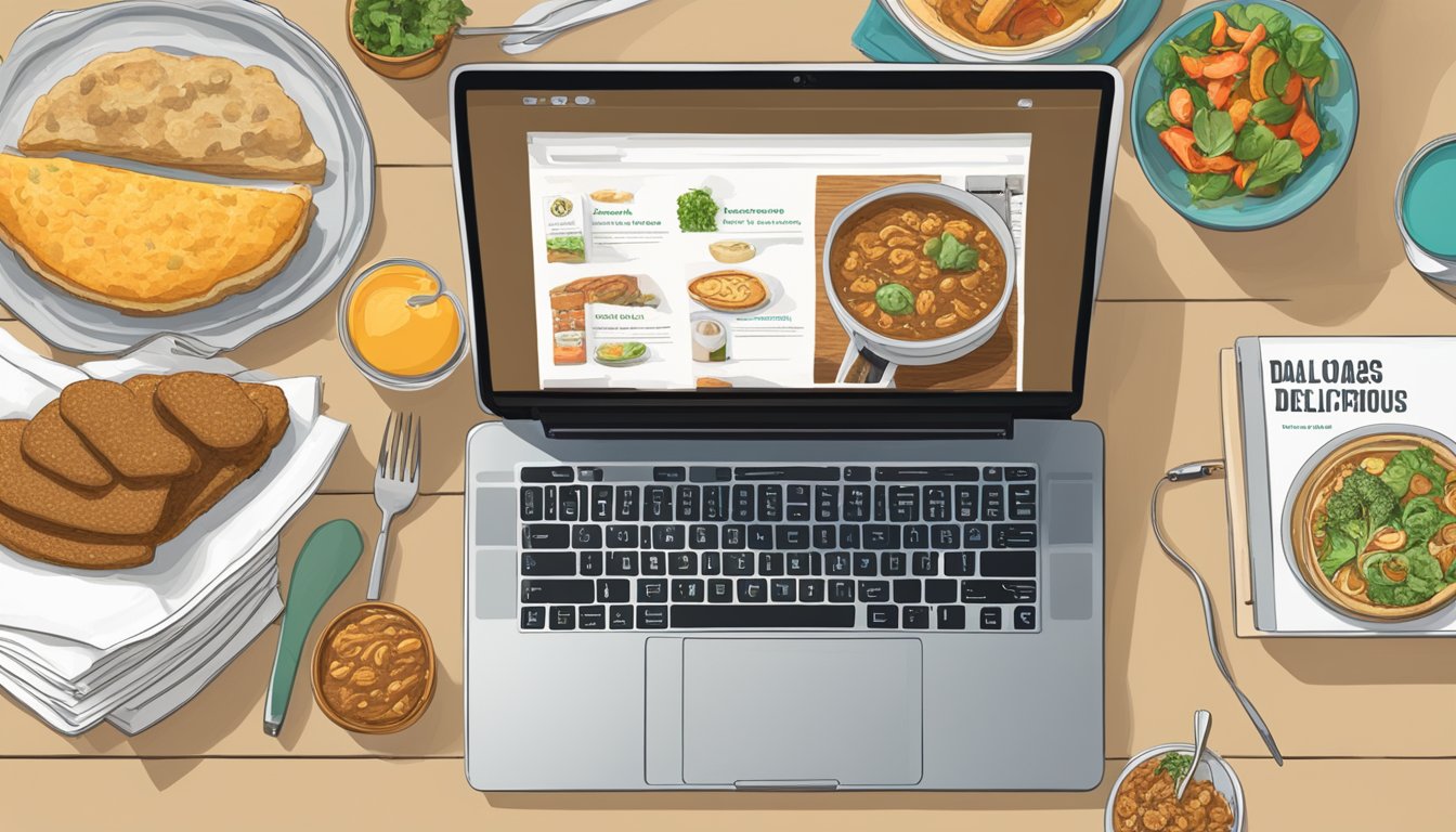 A table set with various Texas food items, a laptop displaying the DallasDeliciousFinds website, and 10 food blogger profiles on the screen