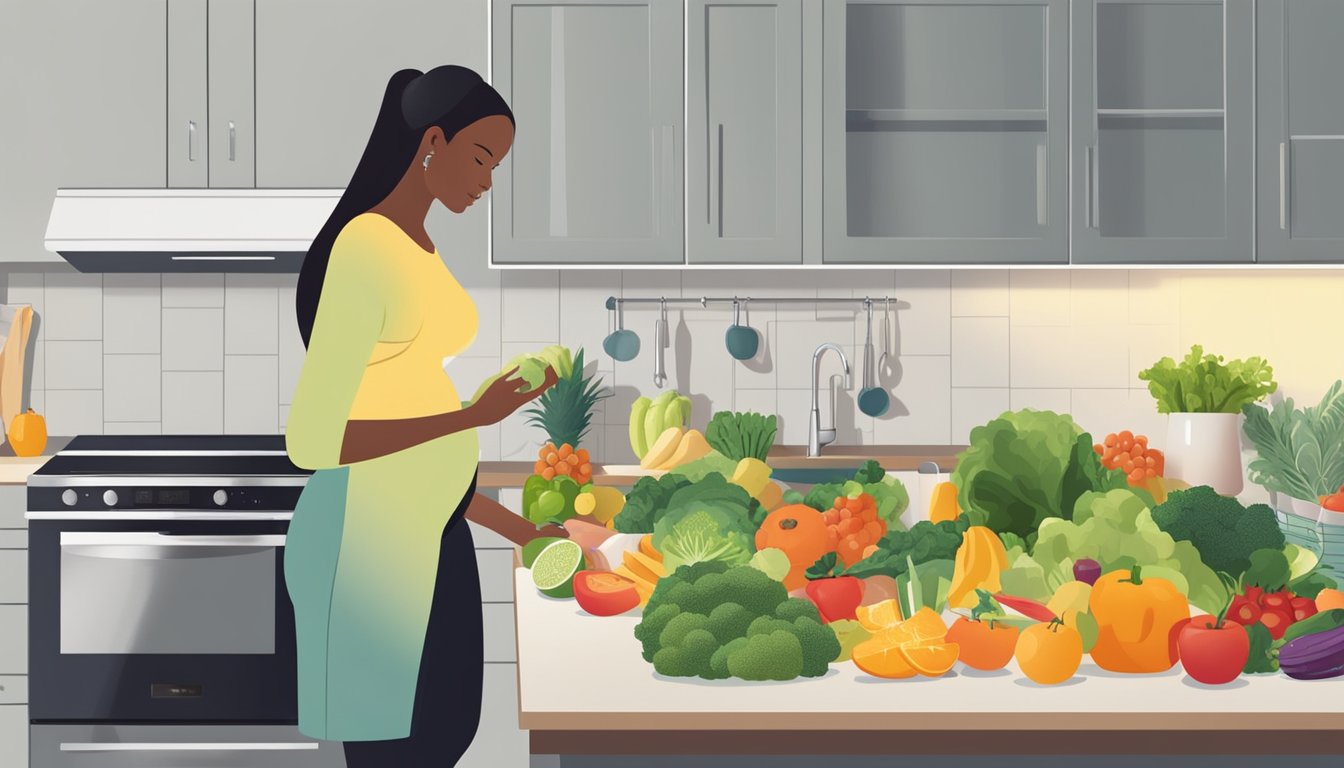 A pregnant woman preparing a variety of fruits and vegetables in a clean and organized kitchen, with a focus on balancing acidic and alkaline foods