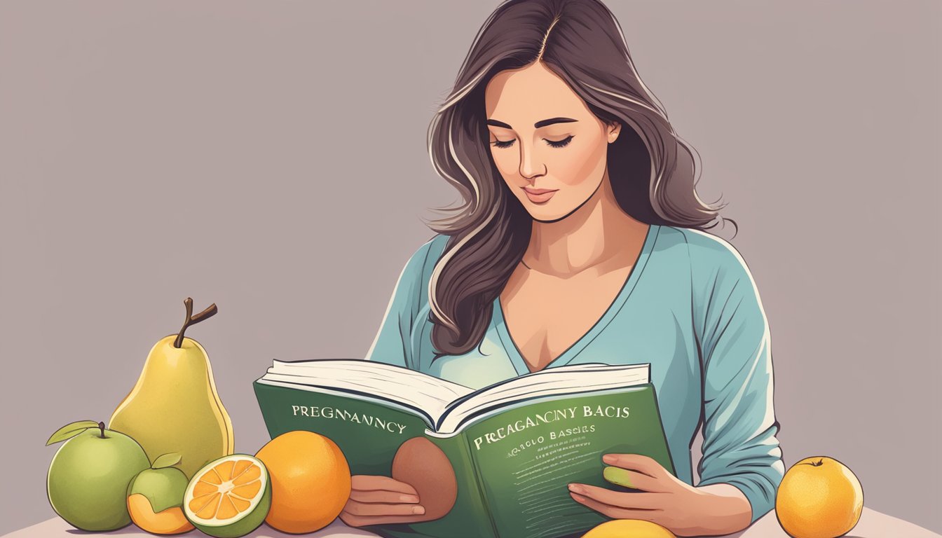 A pregnant woman reading a book titled "Pregnancy Nutrition Basics" while holding a piece of fruit and looking contemplative