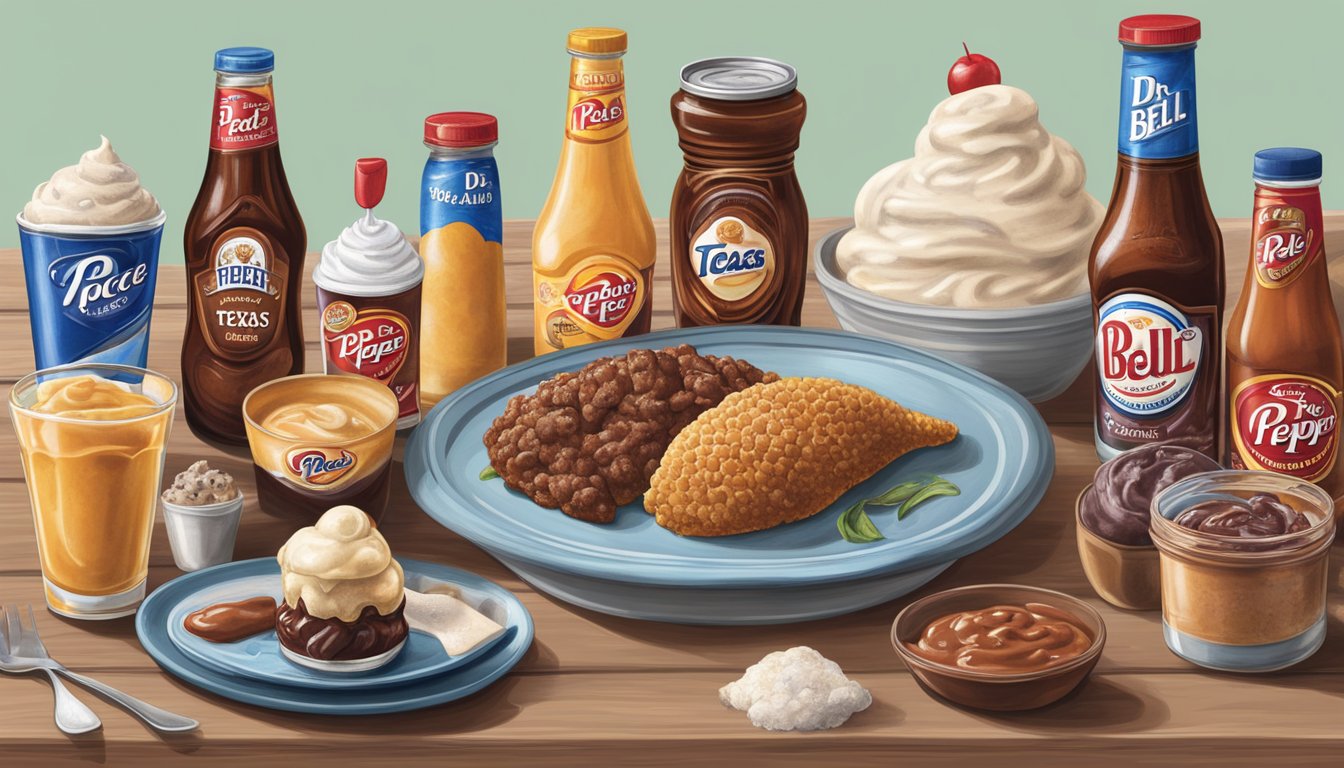 A table set with iconic Texas food brands: Pace Picante Sauce, Dr. Pepper, Blue Bell Ice Cream, and more