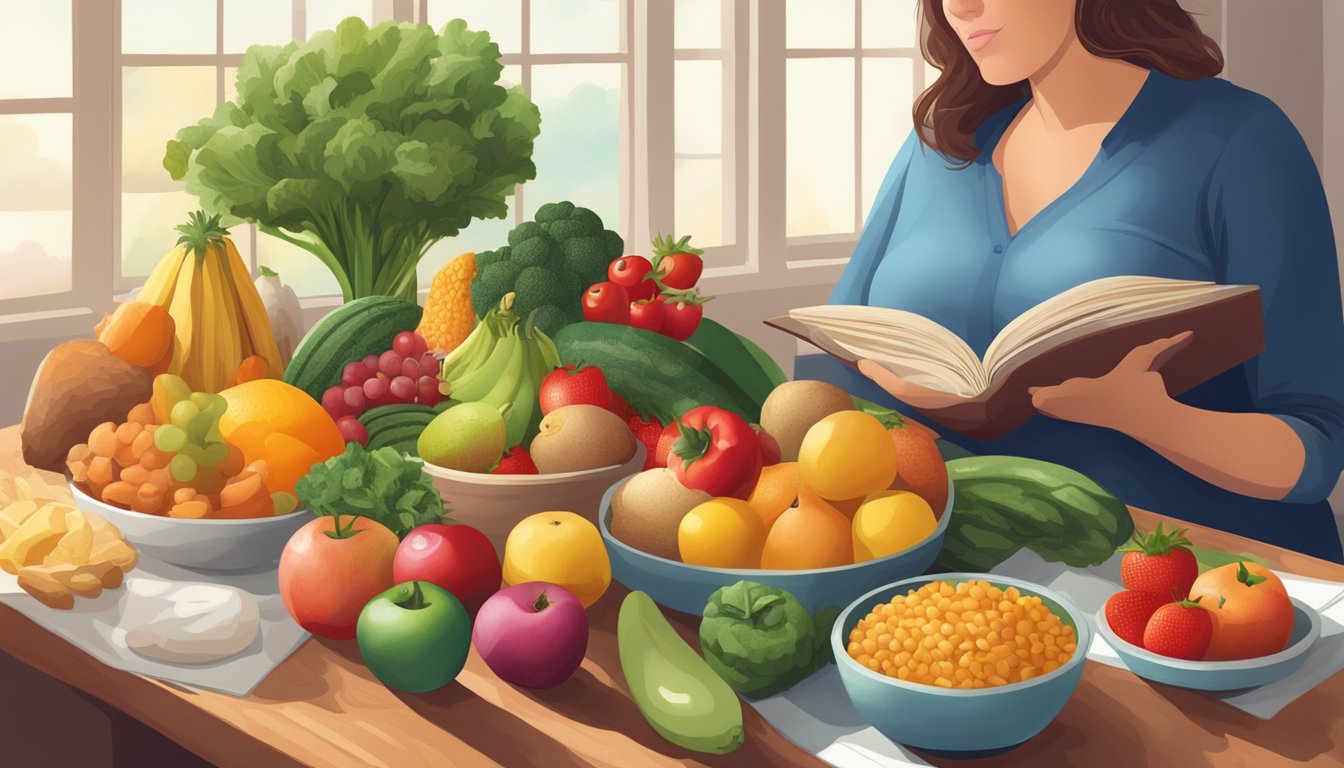 A colorful array of fruits, vegetables, and whole grains arranged on a table, with a pregnant woman reading a book about pregnancy nutrition in the background