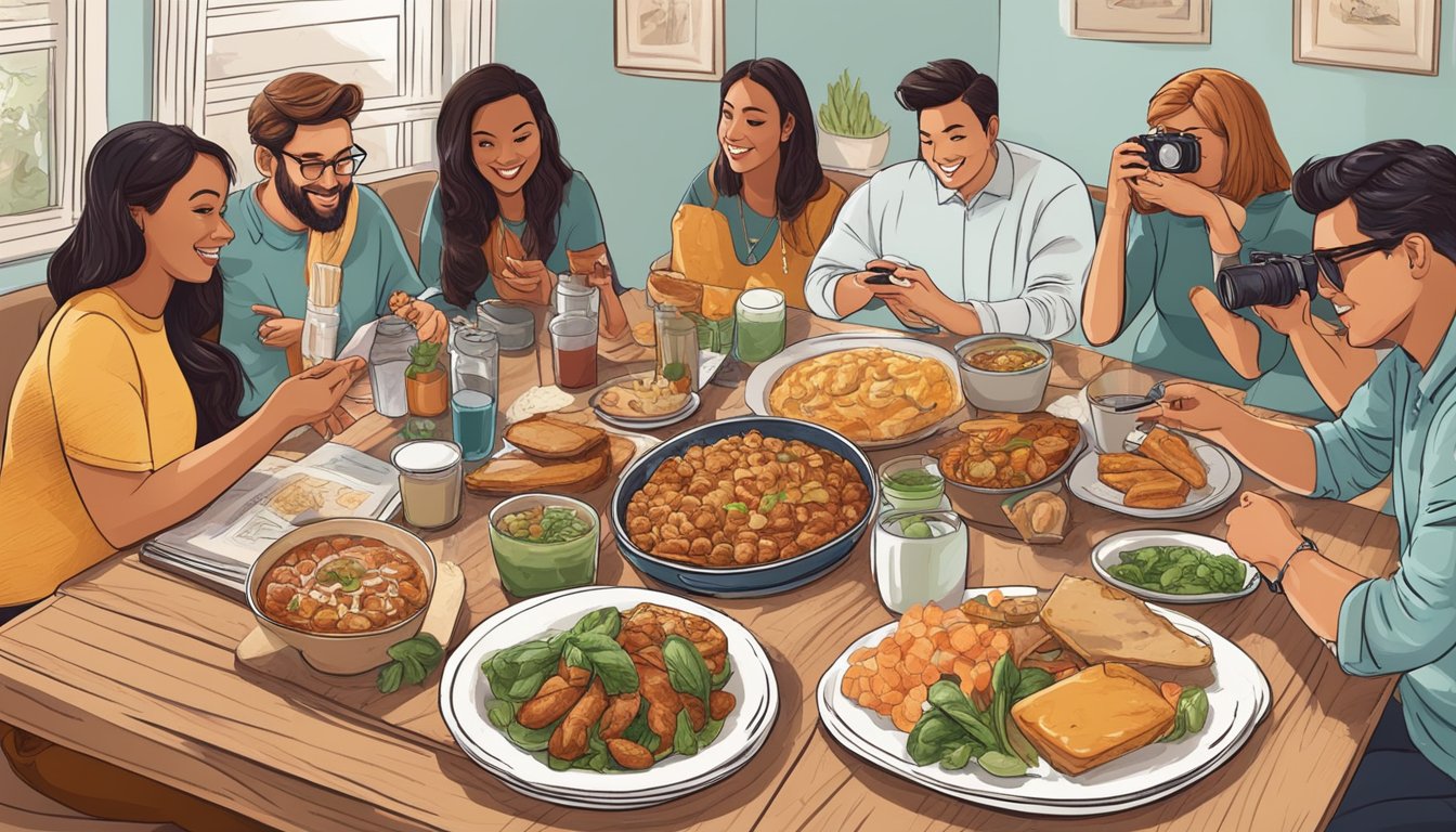 A group of food bloggers gather around a table filled with Texan dishes, snapping photos and taking notes for their latest posts