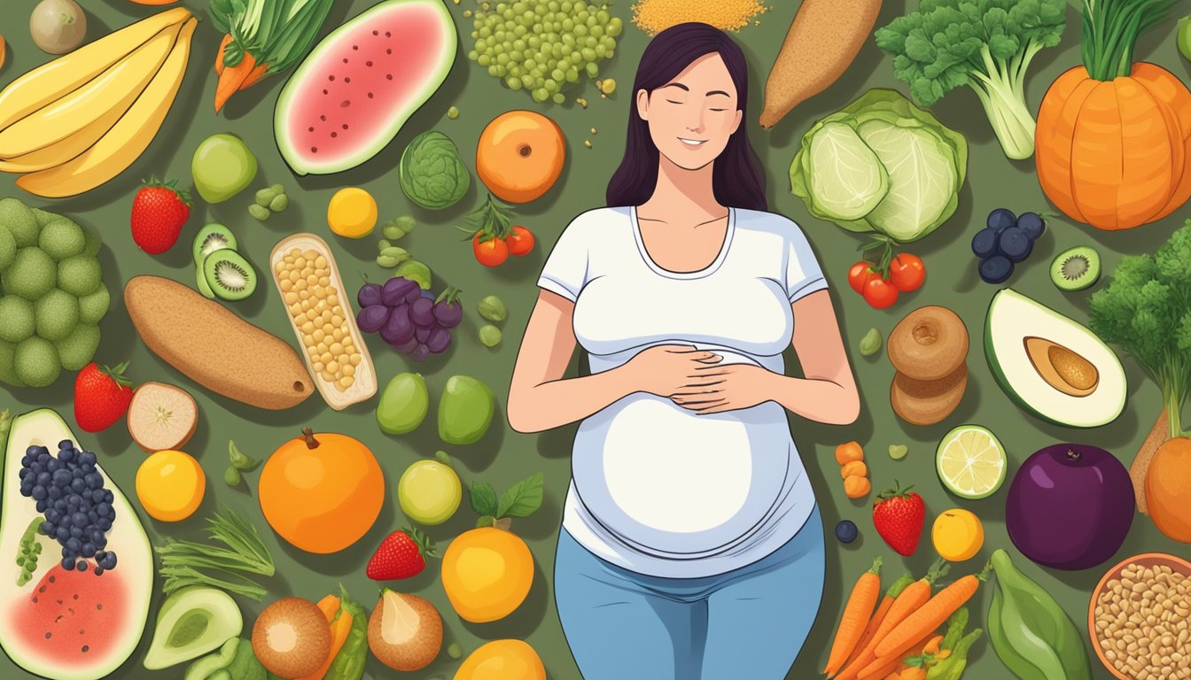 A pregnant woman surrounded by a variety of fruits, vegetables, and whole grains, with a balanced mix of acidic and alkaline foods on the table