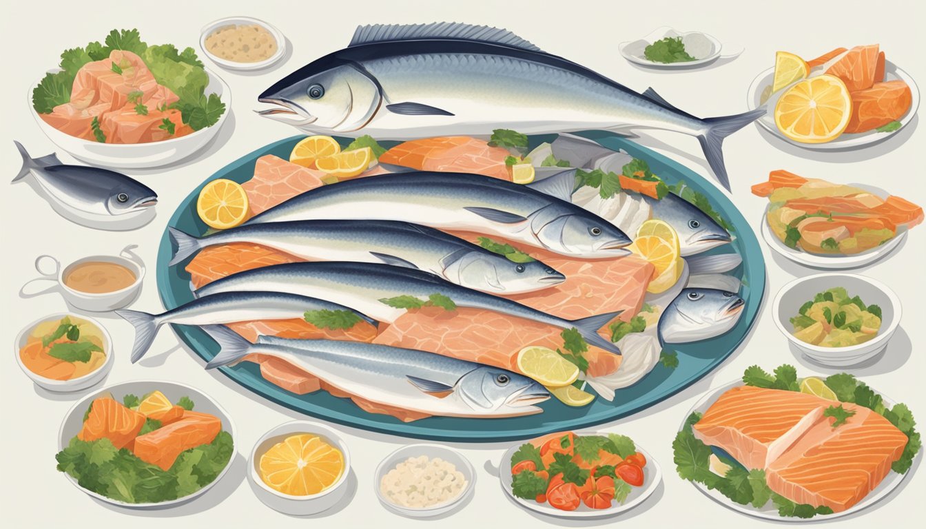 A pregnant woman holding a plate with a piece of cooked swordfish, surrounded by various types of fish and a list of nutritional considerations