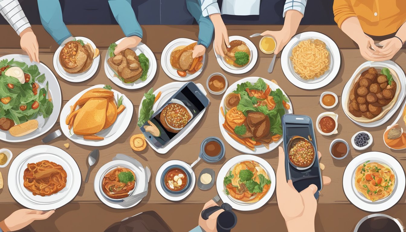 A group of food bloggers gather around a table, each holding a camera or smartphone. Plates of Texan cuisine are arranged in front of them, ready to be photographed and shared