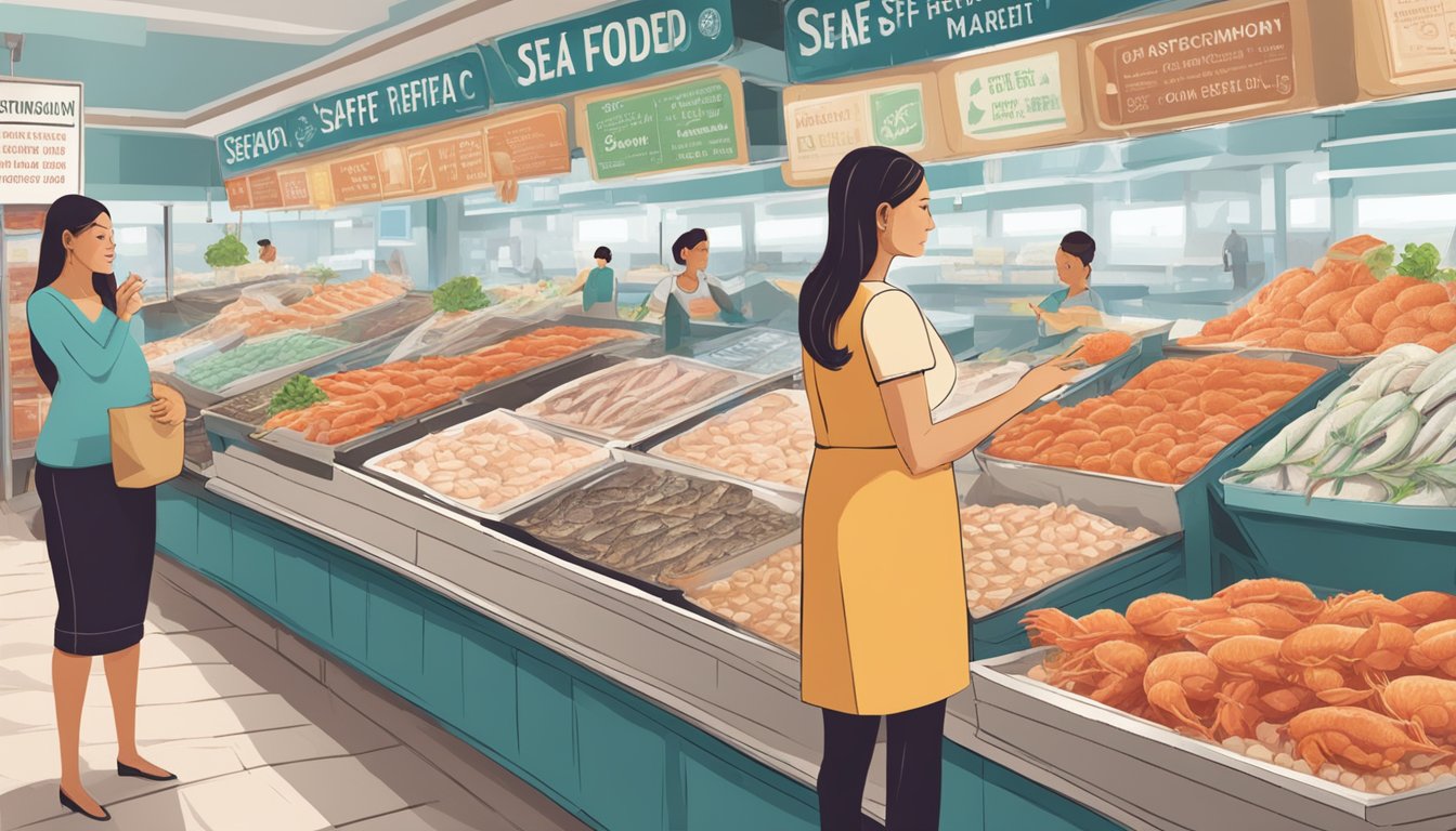 A pregnant woman standing in front of a seafood market, pointing at a sign with guidelines for safe seafood consumption during pregnancy