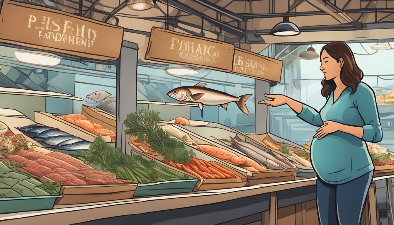 A pregnant woman standing in front of a fish market, pointing to various alternative fish choices while asking about the safety of eating swordfish during pregnancy