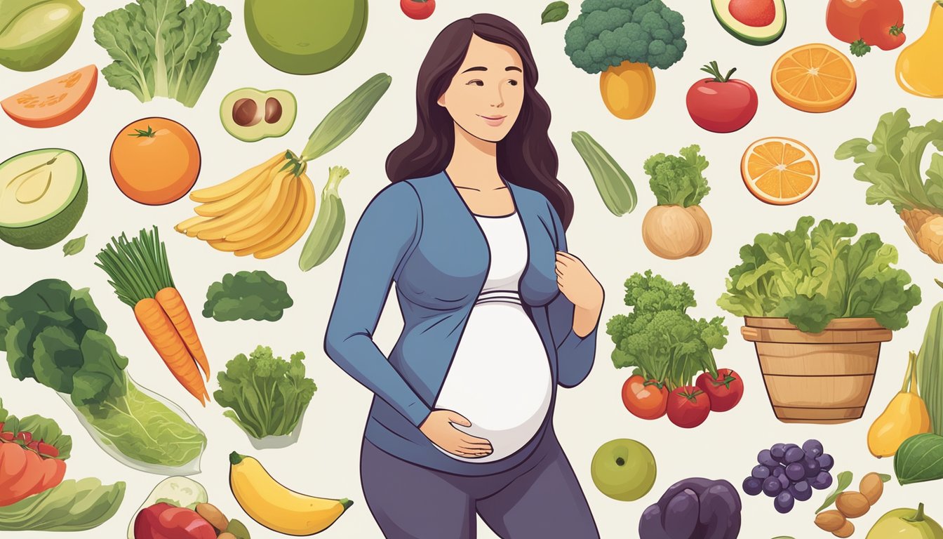 A pregnant woman surrounded by a variety of healthy foods, including fruits, vegetables, and lean proteins, with a prominent focus on foods that align with her blood type