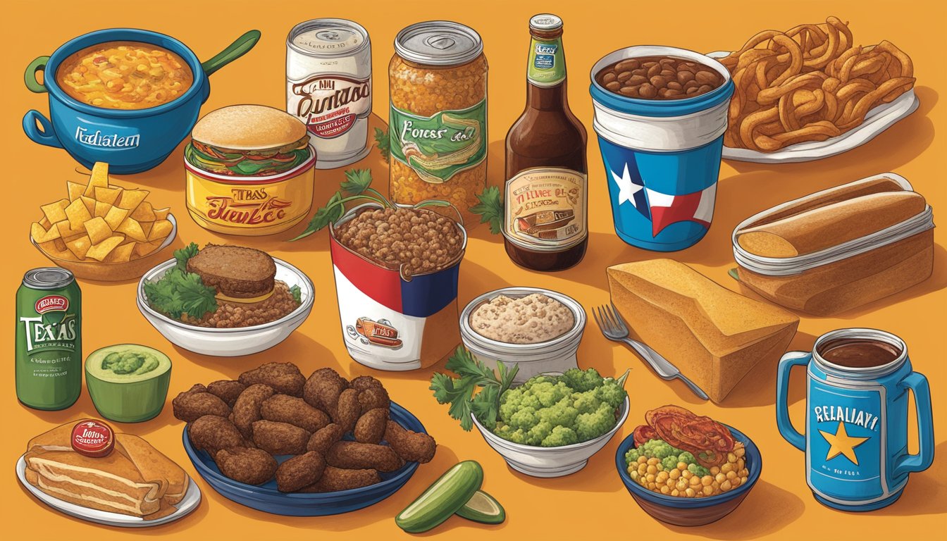 A colorful spread of iconic Texas food brands, showcasing culinary excellence and cultural significance