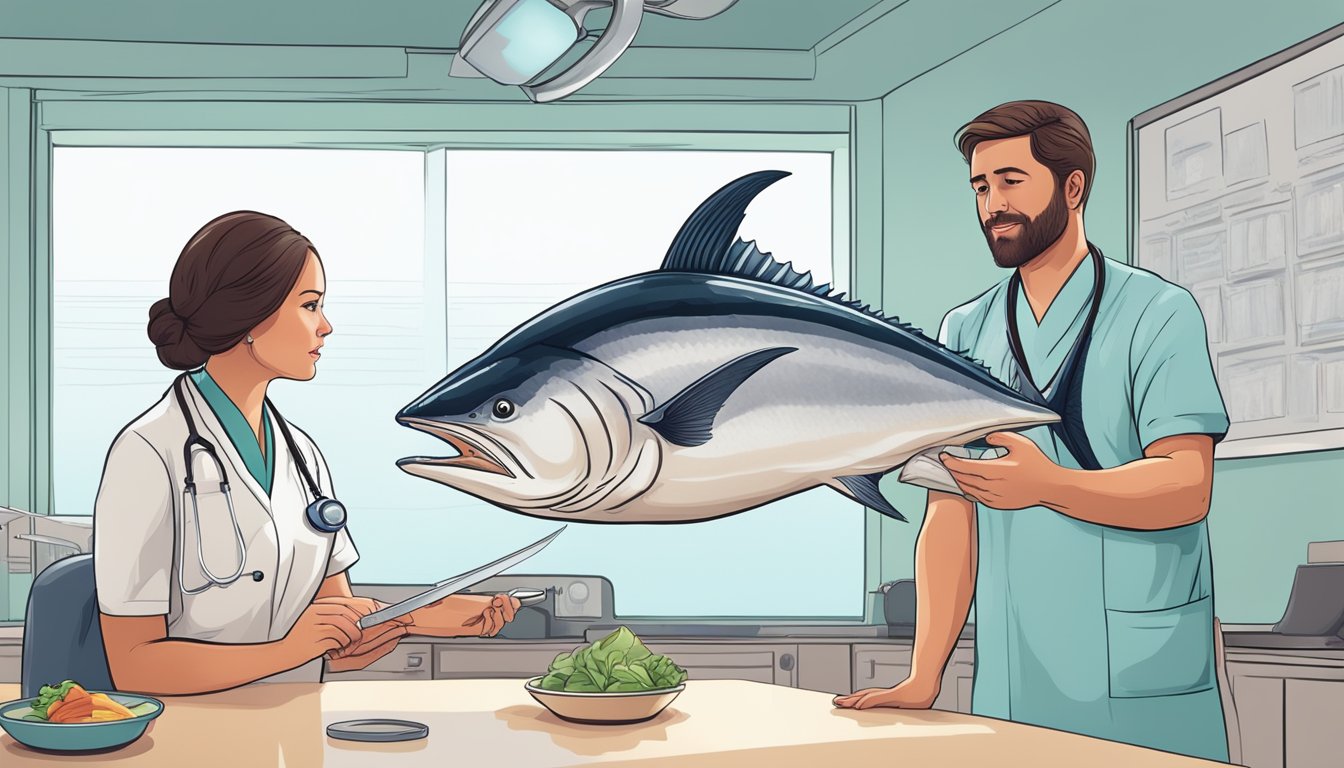 A pregnant woman hesitantly holds a large swordfish steak while a doctor explains the potential risks and benefits