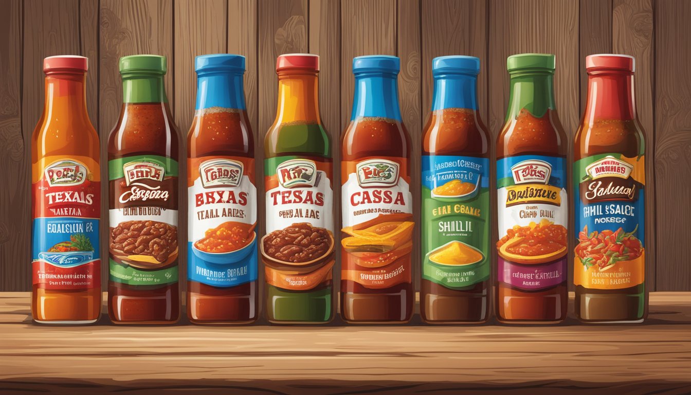 A colorful array of iconic Texas food brands, including BBQ sauces, salsas, and chili mixes, displayed on a rustic wooden table