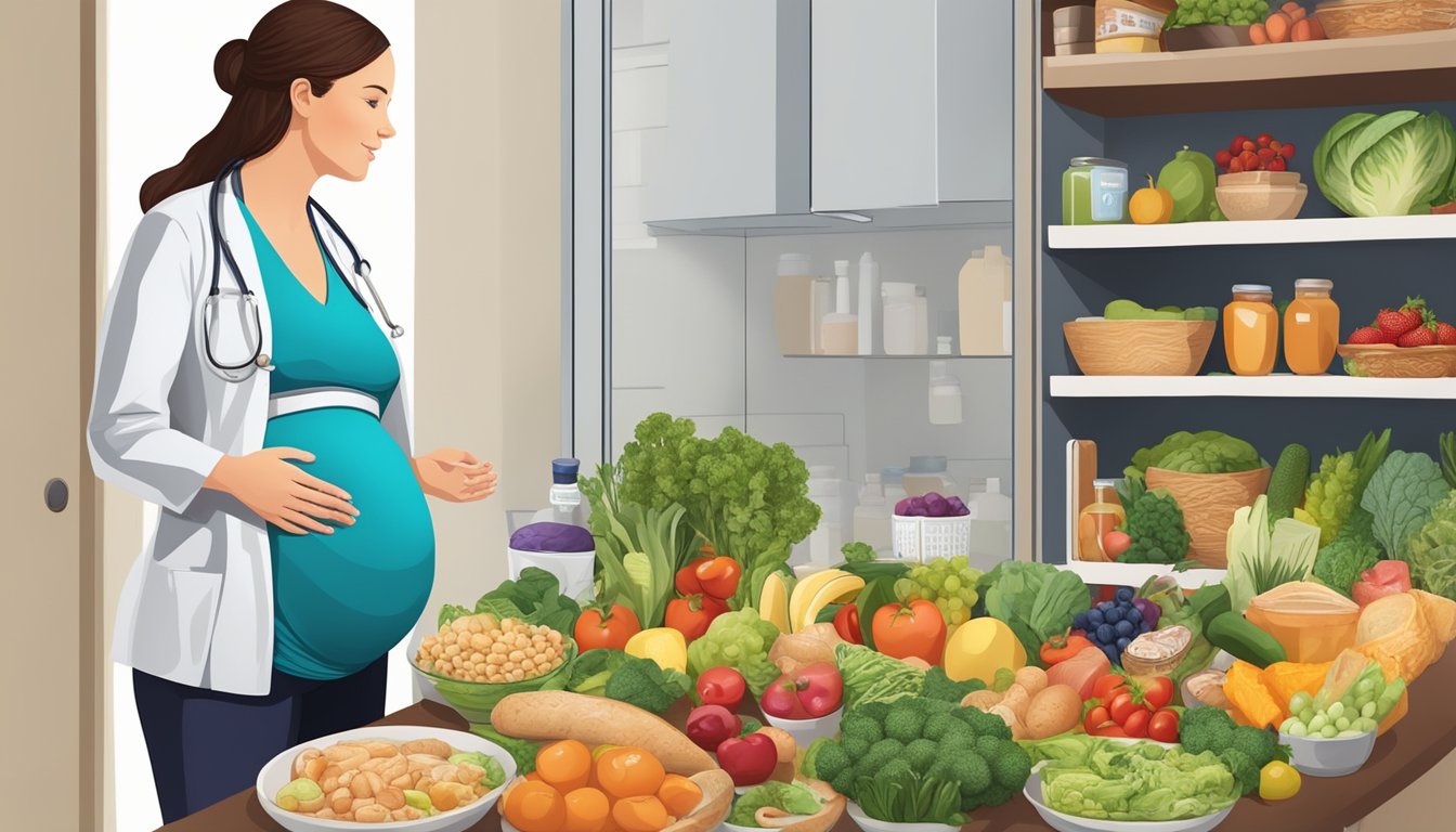 A pregnant woman surrounded by healthy food options, with a doctor advising against following the Atkins diet during pregnancy