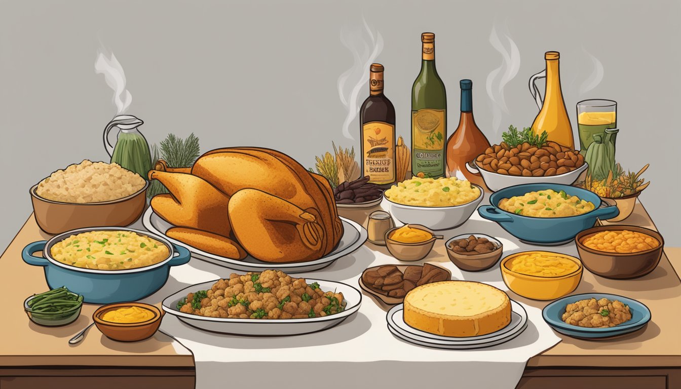 A table set with a spread of Texas Thanksgiving food traditions, including a steaming dish of cornbread dressing