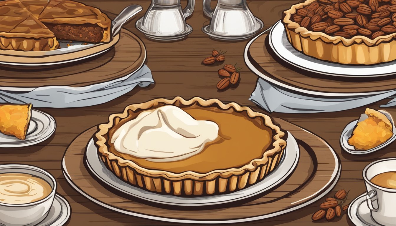 A rustic table set with a pecan pie, surrounded by traditional Texas Thanksgiving dishes