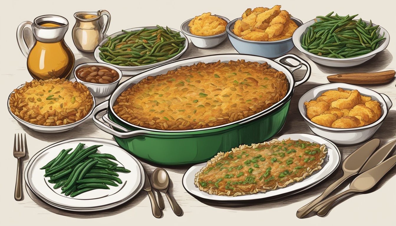 A table set with a steaming green bean casserole surrounded by other traditional Texas Thanksgiving dishes