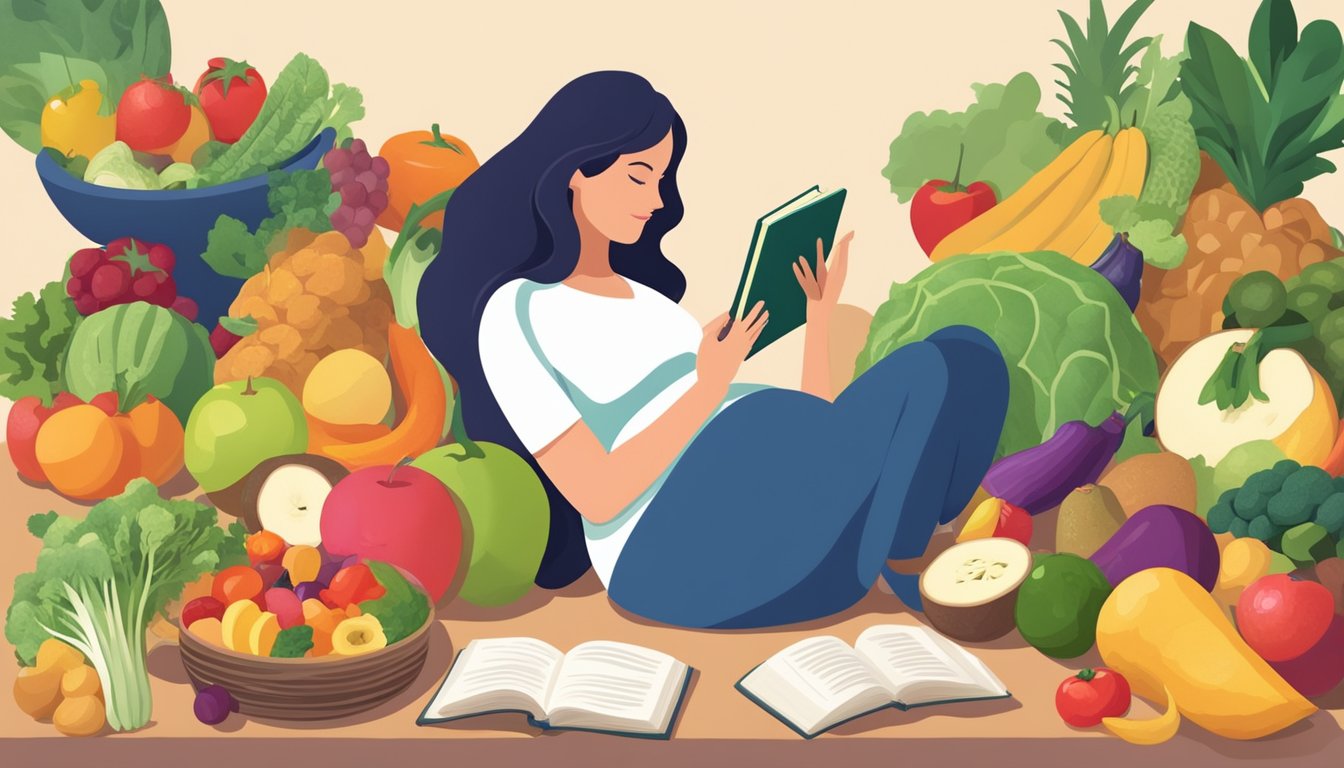 A pregnant woman reading a book on the Atkins diet while surrounded by various fruits, vegetables, and healthy food options