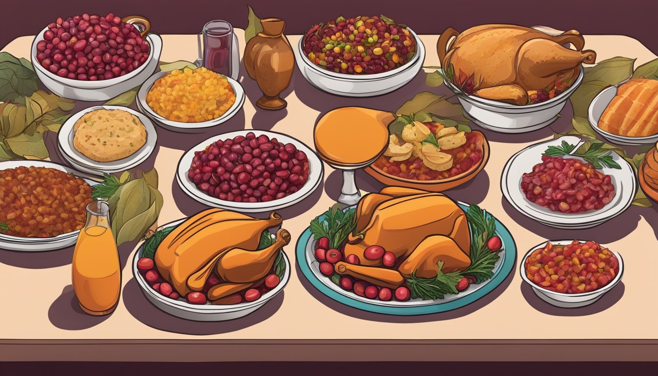 A table spread with traditional Texas Thanksgiving dishes, including a vibrant cranberry salsa in a decorative serving dish