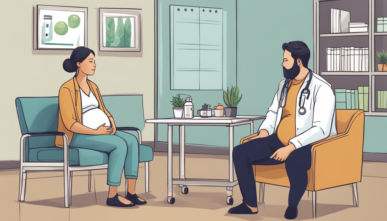 A pregnant woman sitting in a doctor's office, talking to a healthcare provider about the safety of following the 16/8 intermittent fasting diet during pregnancy