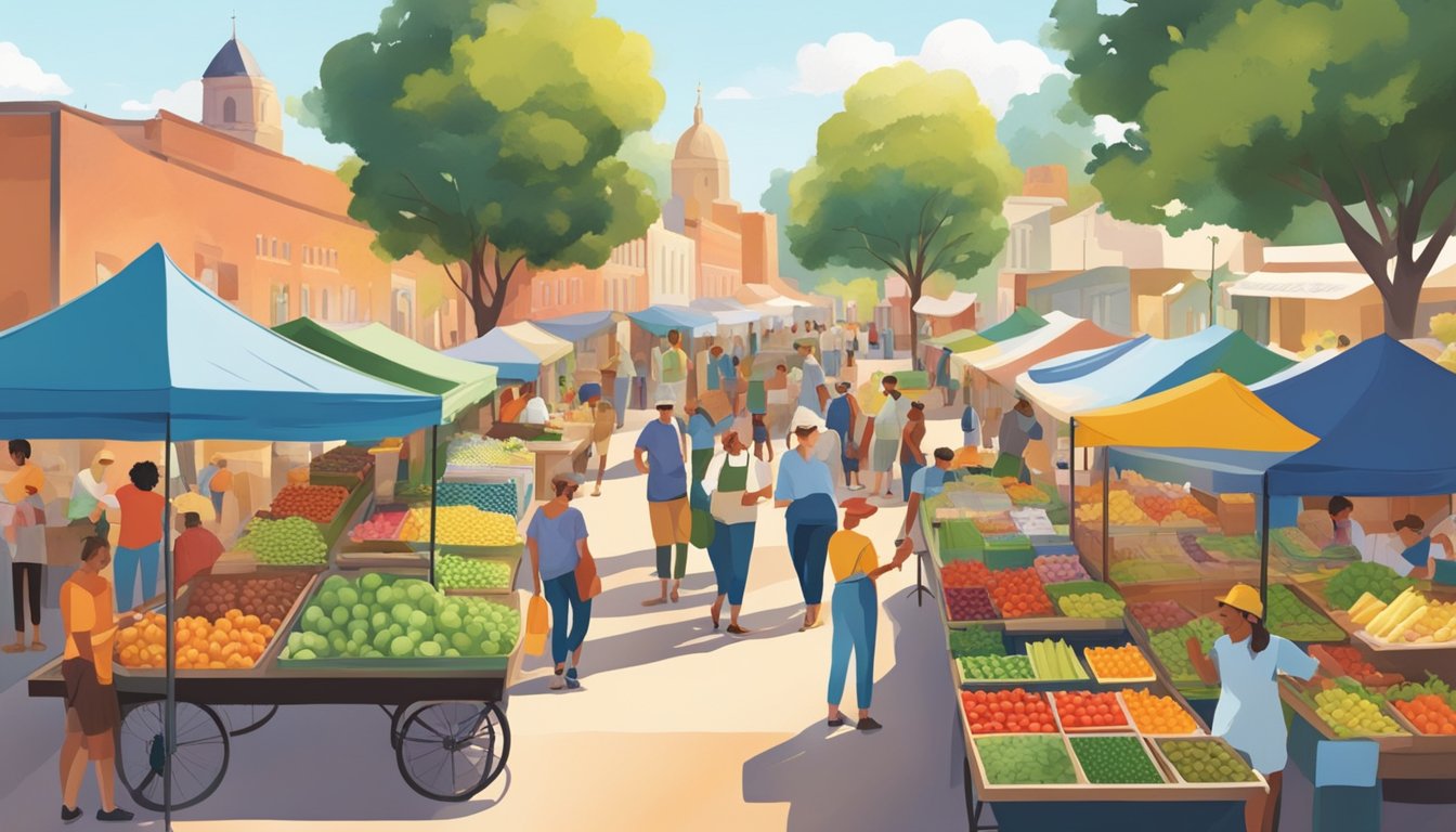 A bustling farmers market with colorful stalls and fresh produce. People browse and chat with vendors under a sunny Texas sky