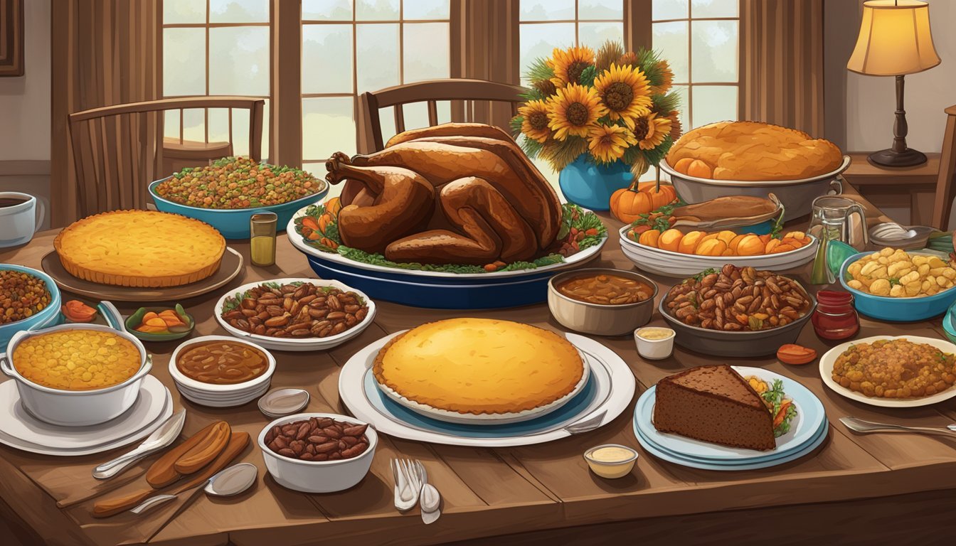 A table adorned with traditional Texas Thanksgiving dishes, including smoked brisket, pecan pie, and cornbread stuffing, surrounded by family and friends