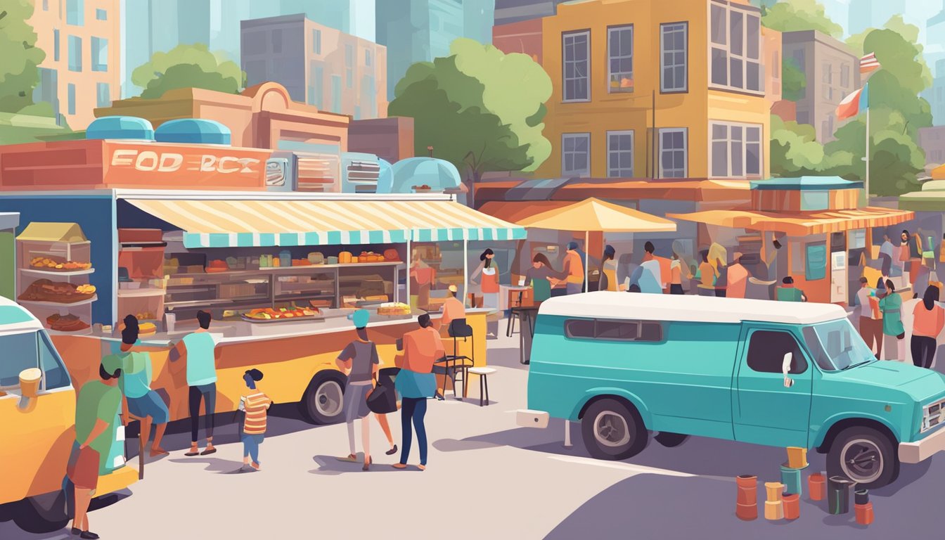 A bustling food truck park with colorful trucks and people enjoying barbecue