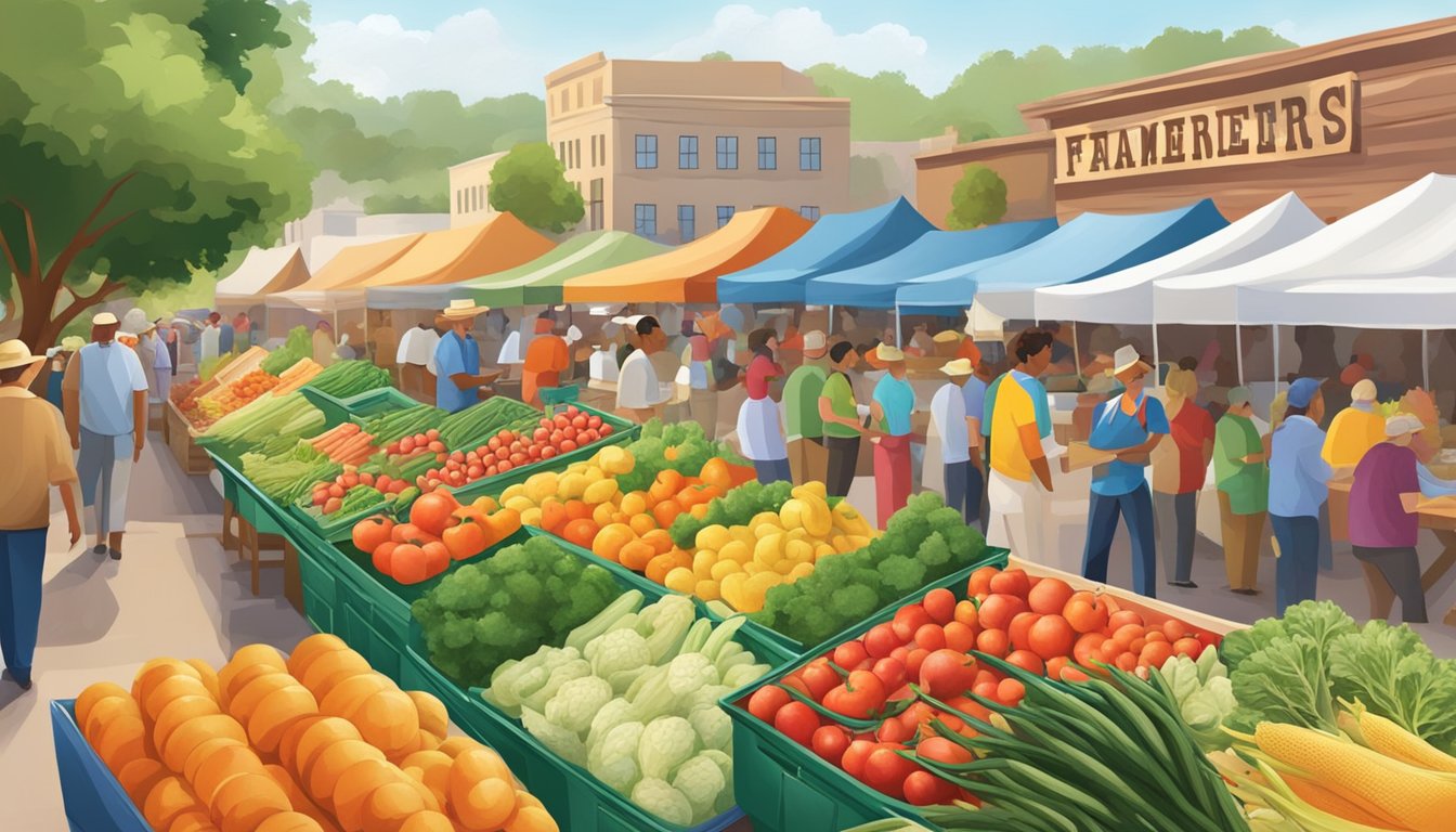 Colorful stalls display fresh produce at a bustling farmers market, surrounded by lively crowds and a backdrop of Texas scenery