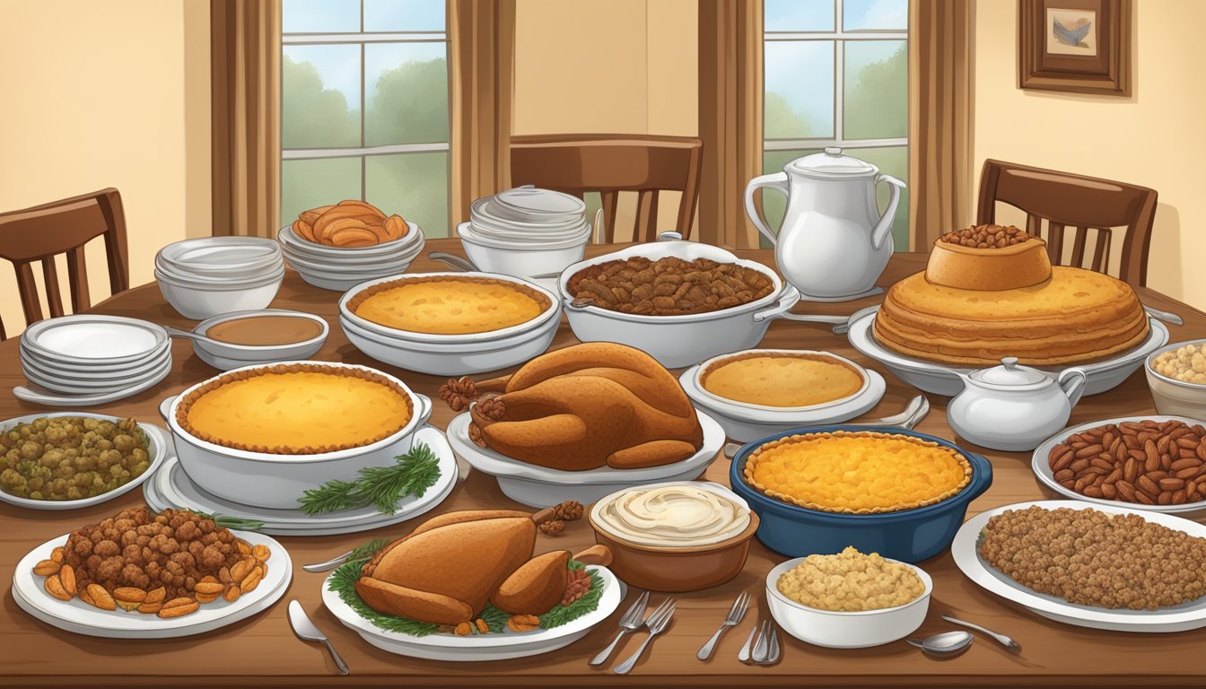 A table set with dishes of turkey, cornbread dressing, sweet potato casserole, pecan pie, and other Texan Thanksgiving specialties