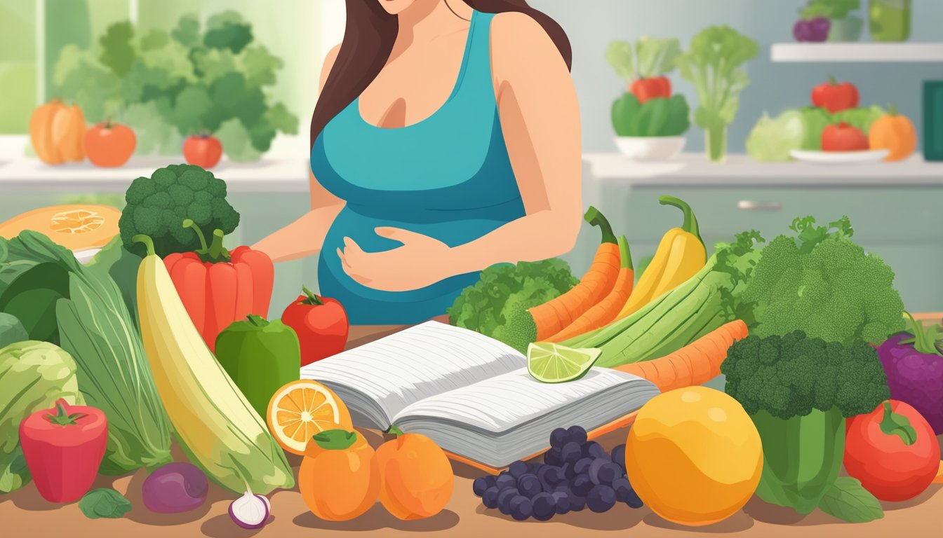 A colorful array of fresh fruits and vegetables arranged on a table, with a pregnant woman reading a book about body reset diets in the background