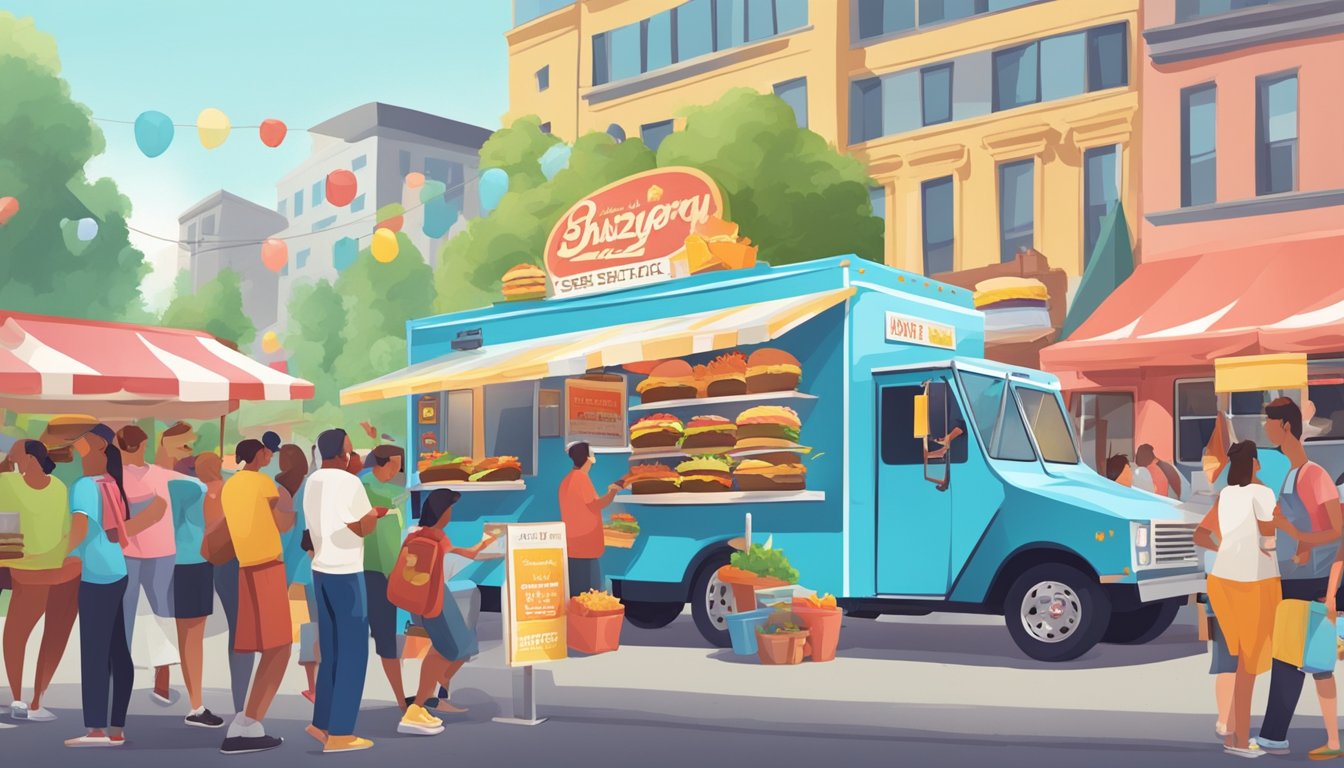 A bustling food truck festival with a line of hungry customers, colorful trucks, and the smell of sizzling burgers in the air