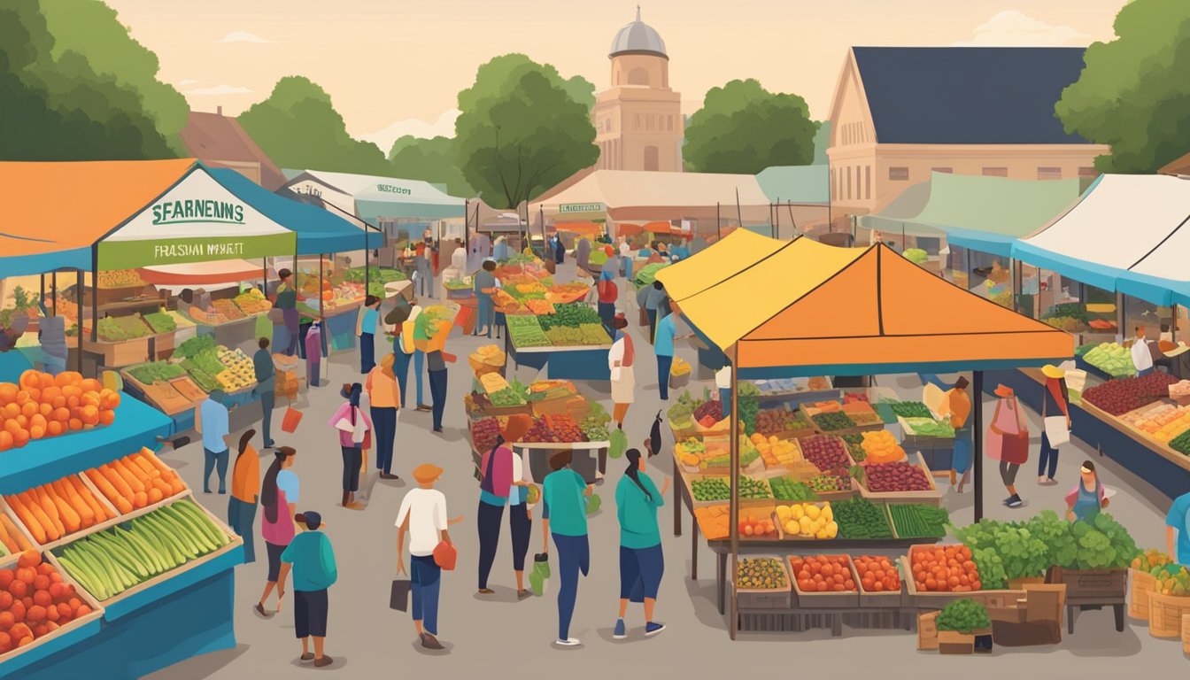 A bustling farmers market in Texas with colorful displays of seasonal produce and vendors interacting with customers