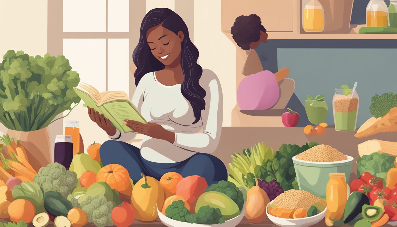 A pregnant woman surrounded by various healthy food options, such as fruits, vegetables, and whole grains, while reading a book about prenatal nutrition